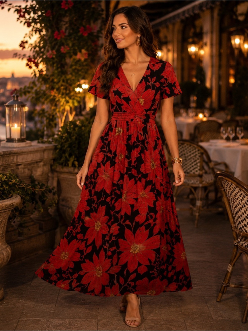 Kate and Lily Red Floral V Neck Maxi Dress Short Sleeve Size 10 or Large (10–12)